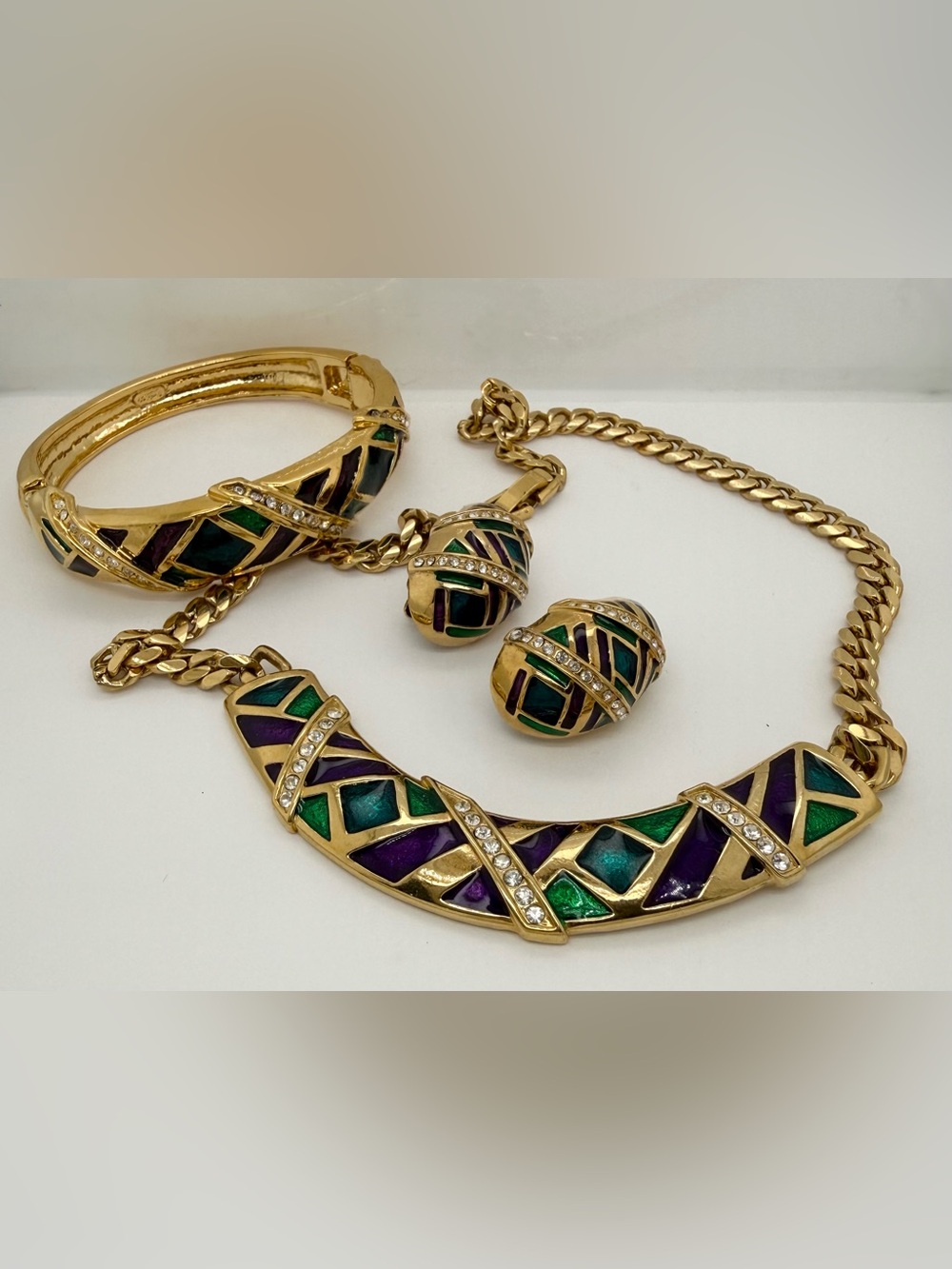 Vintage Signed Butler Mardi Gras Green Purple Enamel Necklace Bracelet Earrings